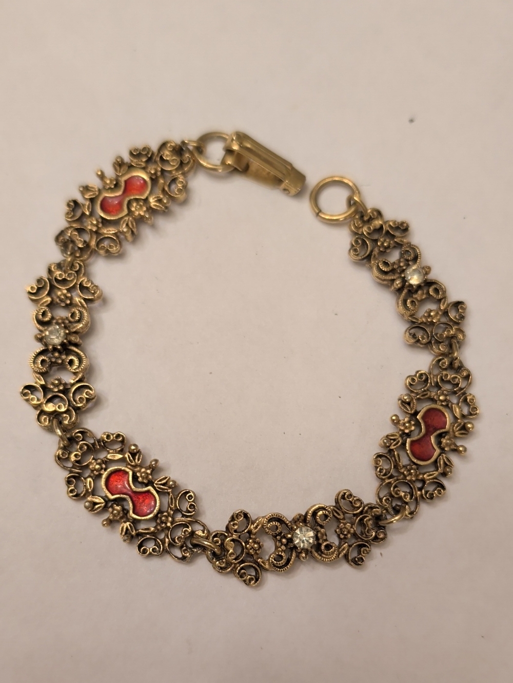 Gold-Tone Filigree Bracelet with Red Enamel Accents